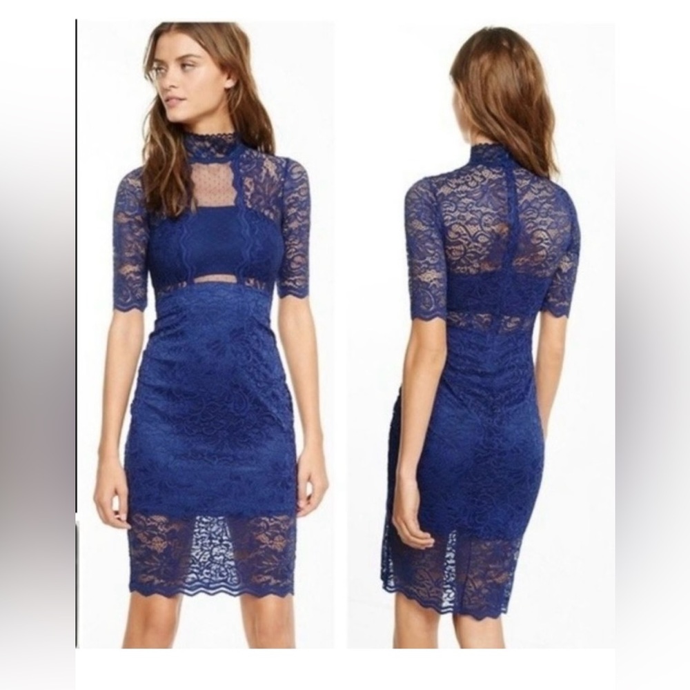 Express Blue Lace Mock Neck Dress